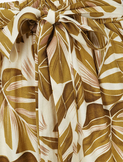 Pantalon imprimé feuilles à taille haute élastiquée - Ocre jaune - 3