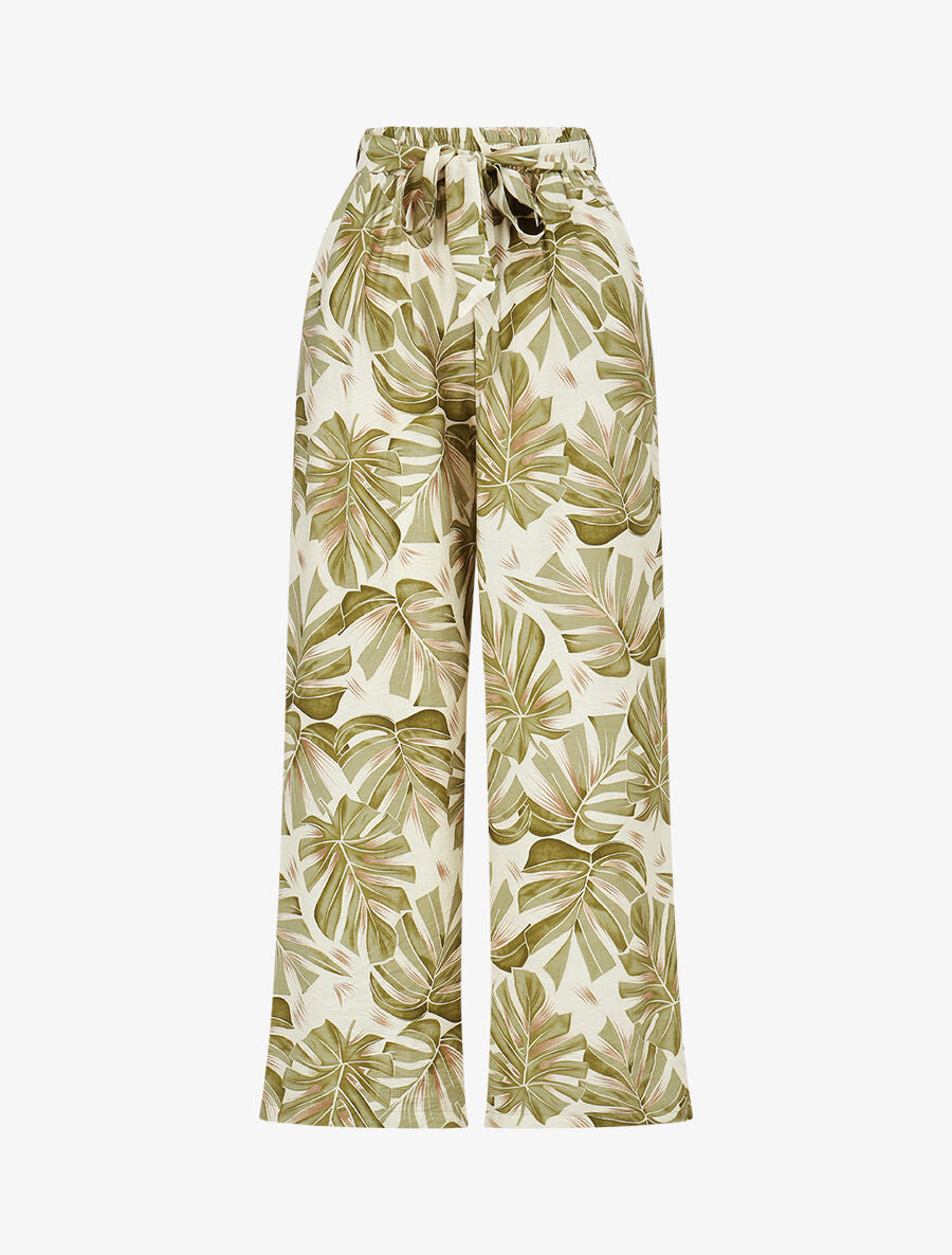 Pantalon imprimé feuilles à taille haute élastiquée - Kaki - 4