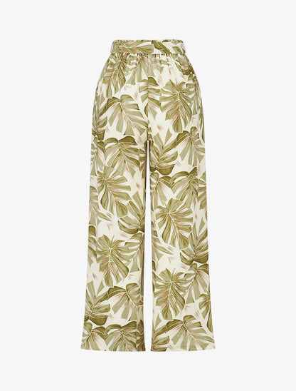 Pantalon imprimé feuilles à taille haute élastiquée - Kaki - 2