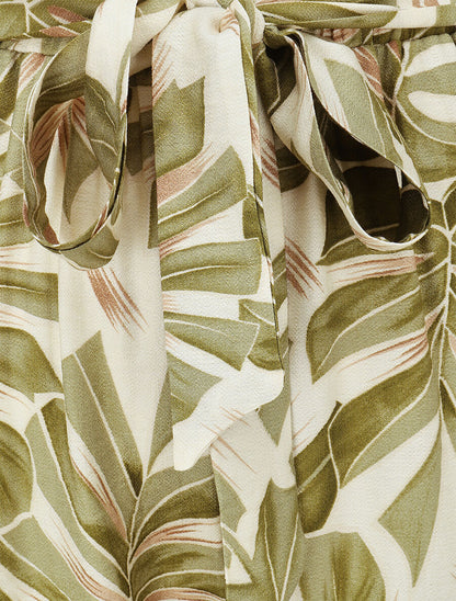 Pantalon imprimé feuilles à taille haute élastiquée - Kaki - 3
