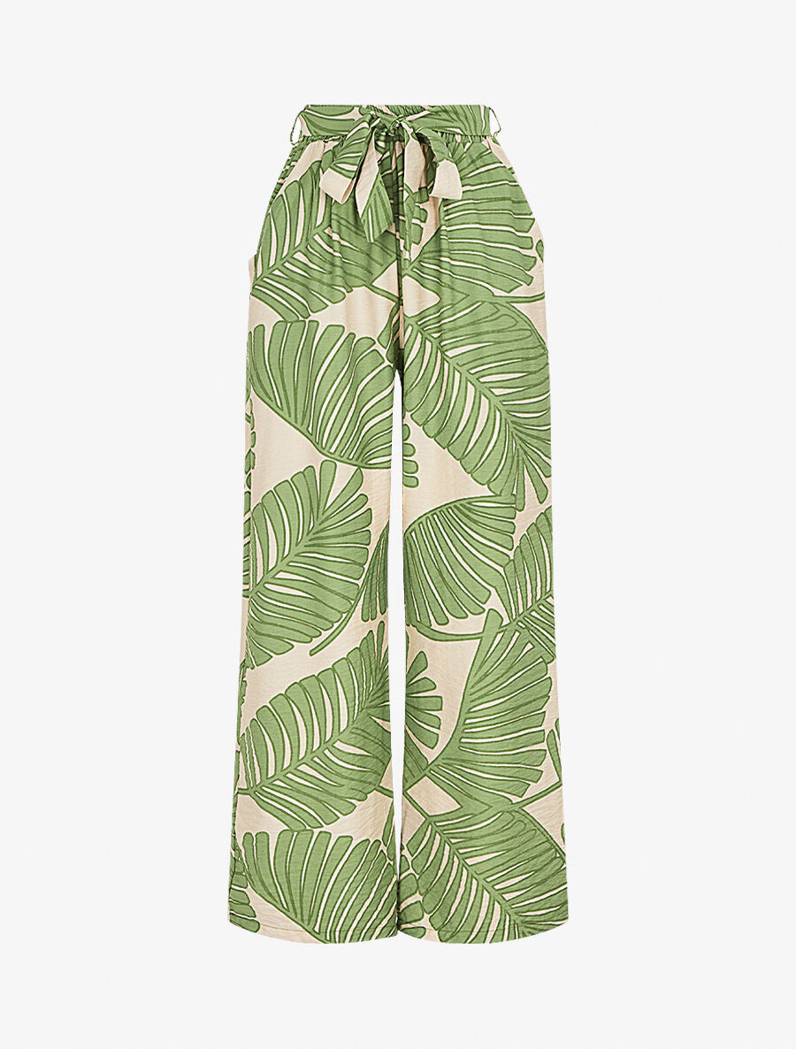 Pantalon imprimé feuillage à taille haute élastiquée - Vert - 4