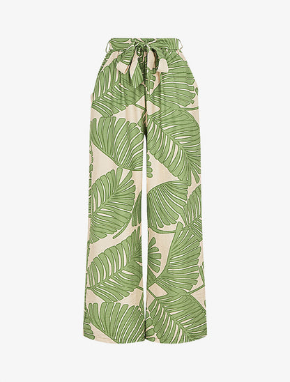 Pantalon imprimé feuillage à taille haute élastiquée - Vert - 4