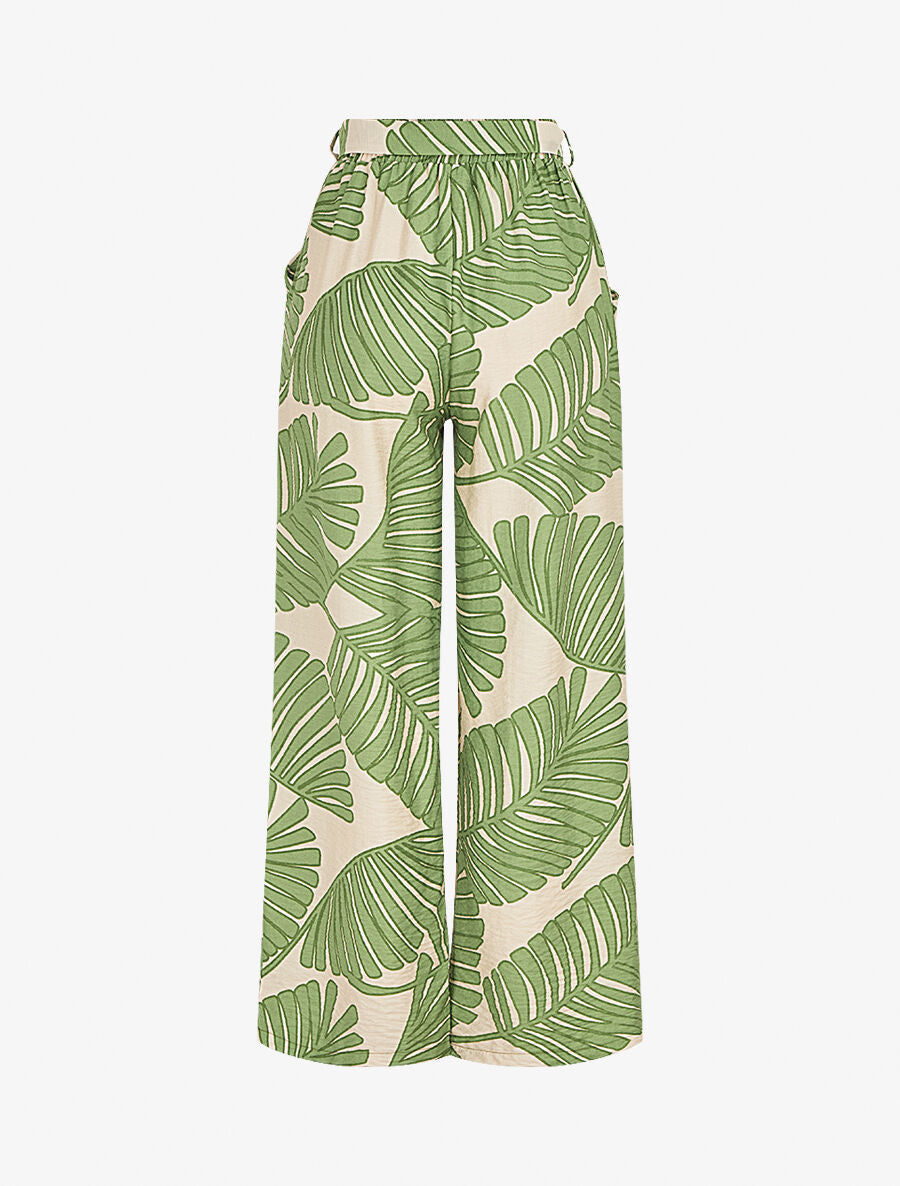 Pantalon imprimé feuillage à taille haute élastiquée - Vert - 2