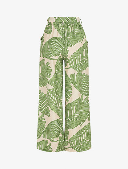 Pantalon imprimé feuillage à taille haute élastiquée - Vert - 2