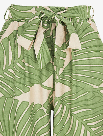 Pantalon imprimé feuillage à taille haute élastiquée - Vert - 3