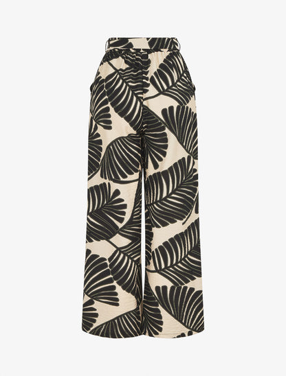 Pantalon imprimé feuillage à taille haute élastiquée - Noir - 2