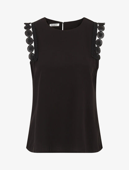 Top droit uni sans manches à dentelle - Noir - 1