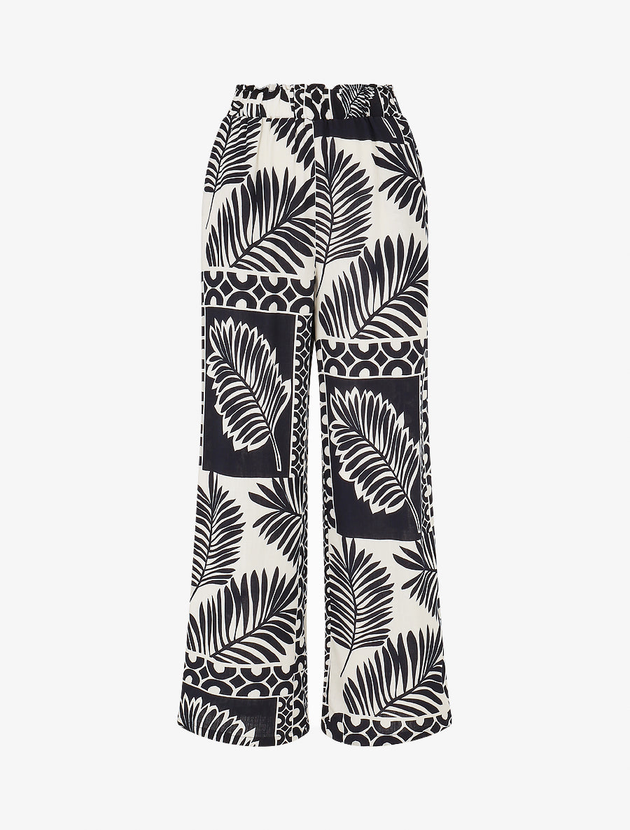Pantalon droit taille haute imprimé tropical - Marine - 1