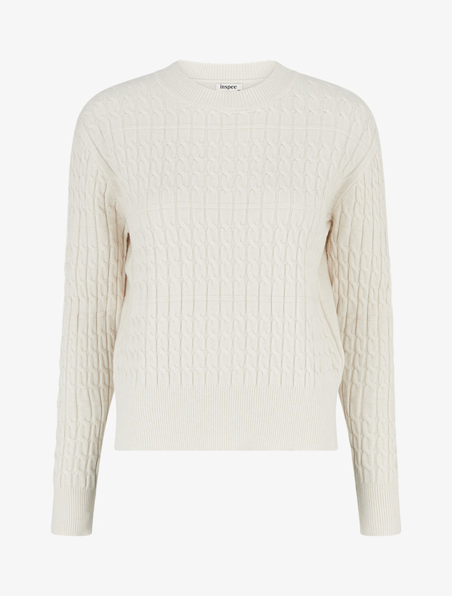 Pull droit à col rond en maille tressée - Blanc - 1