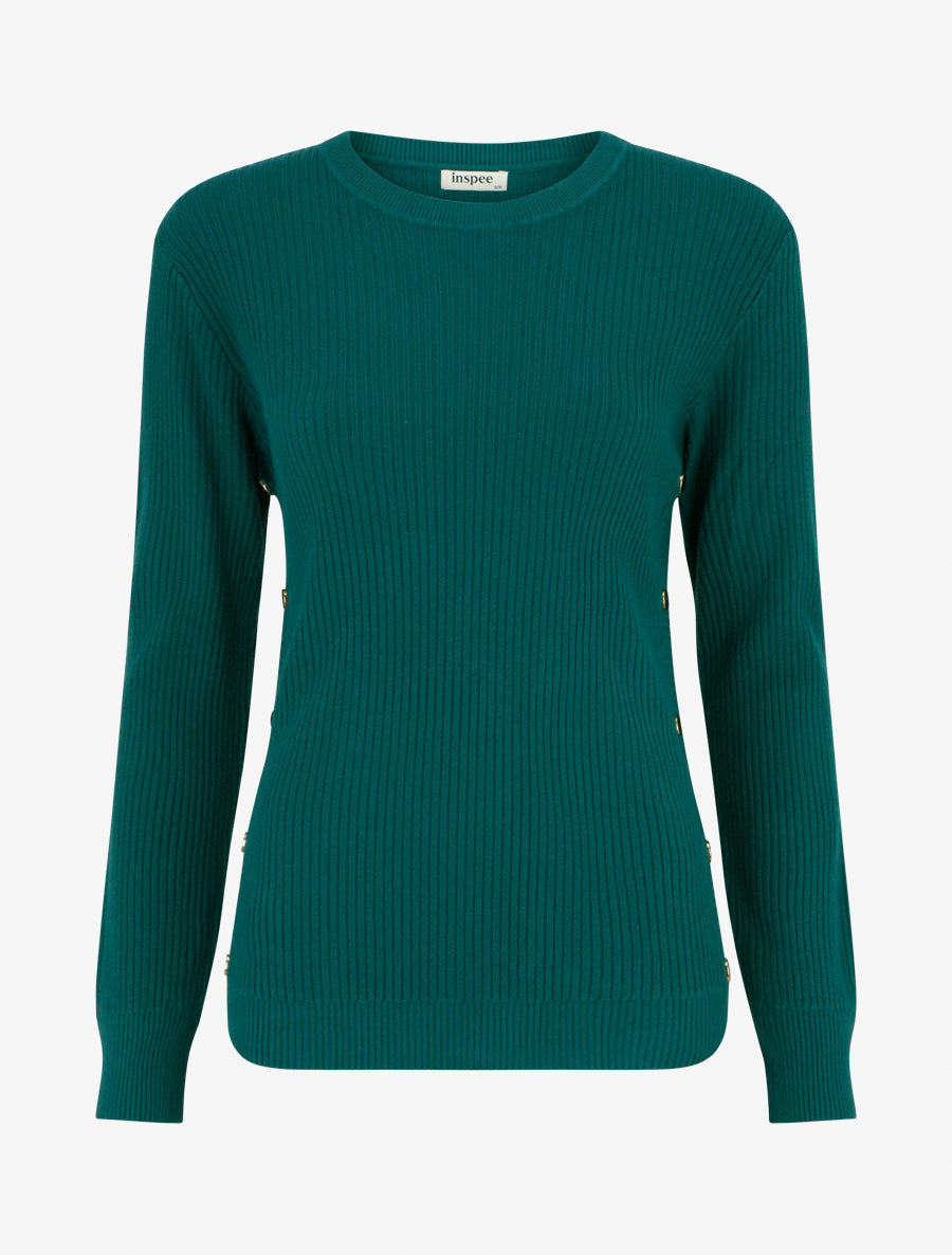 Pull droit côtelé à boutons décoratifs - Vert bouteille - 1