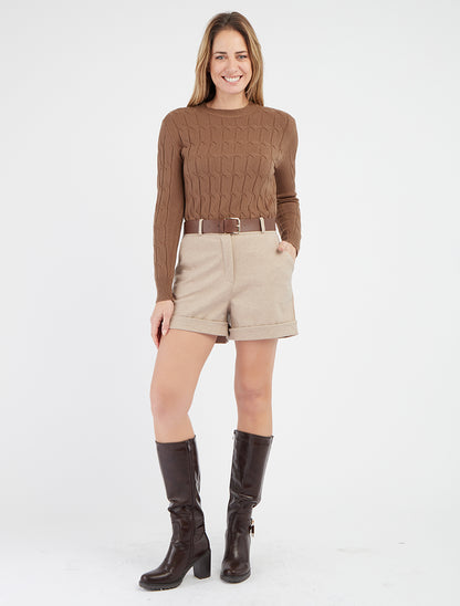 Pull droit maille tressée - Taupe