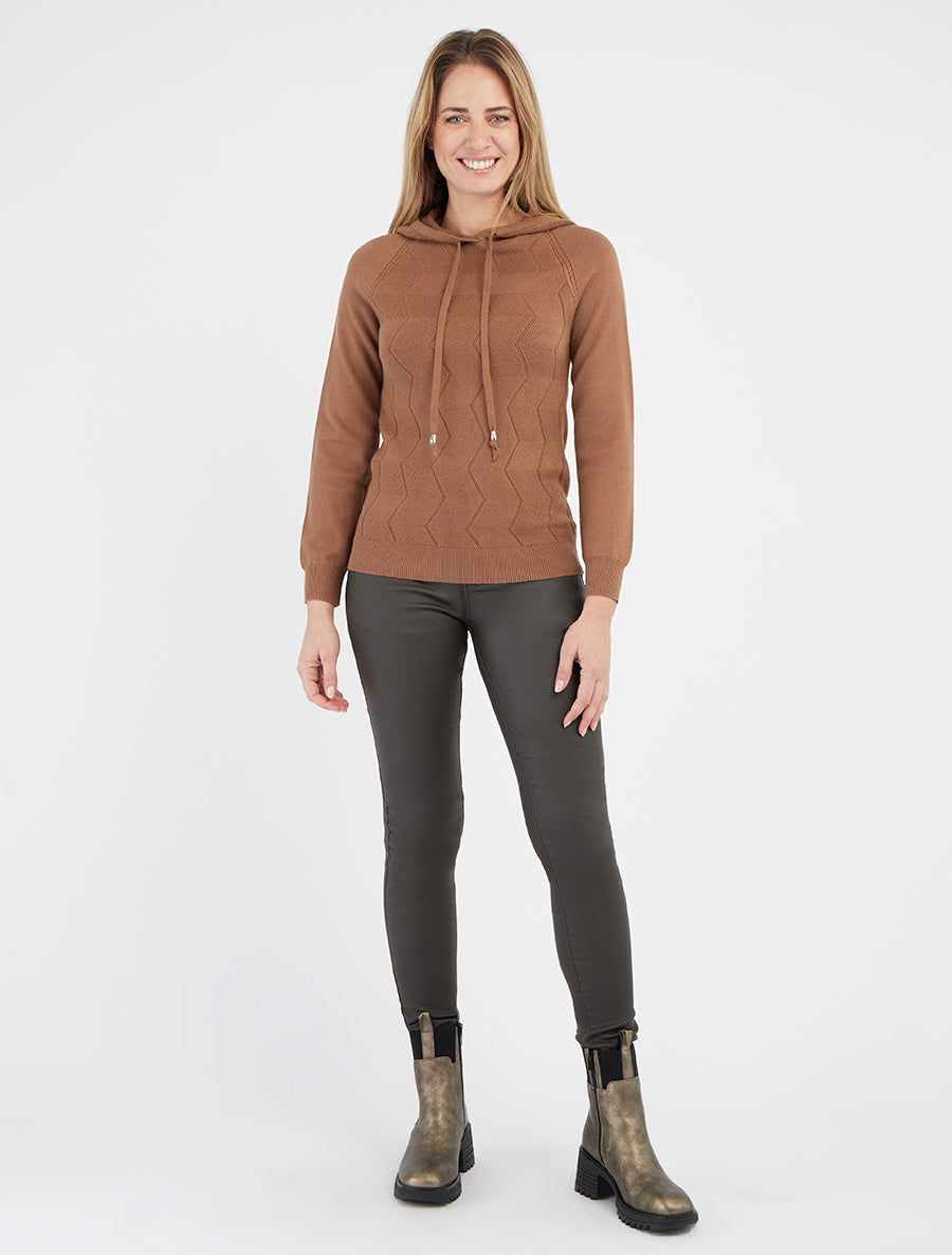 Pull à capuche en maille zig-zag - Camel