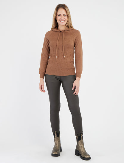 Pull à capuche en maille zig-zag - Camel