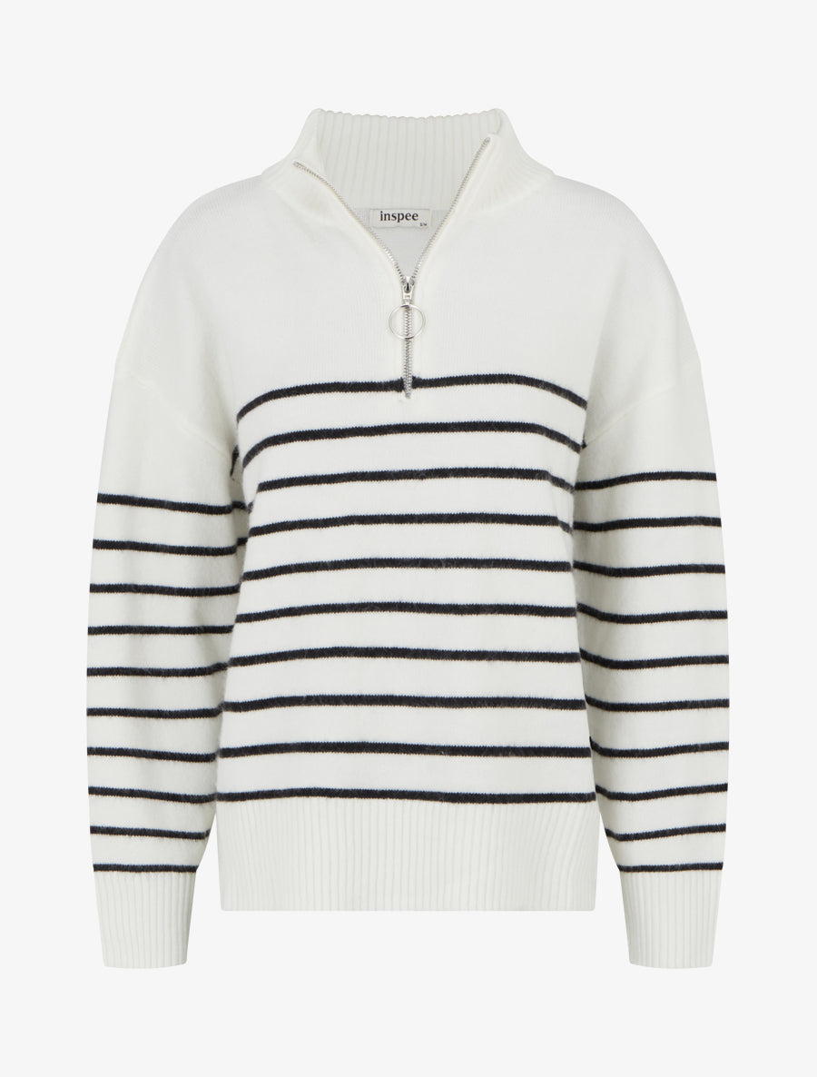 Pull rayé à col zippé - Blanc - 1