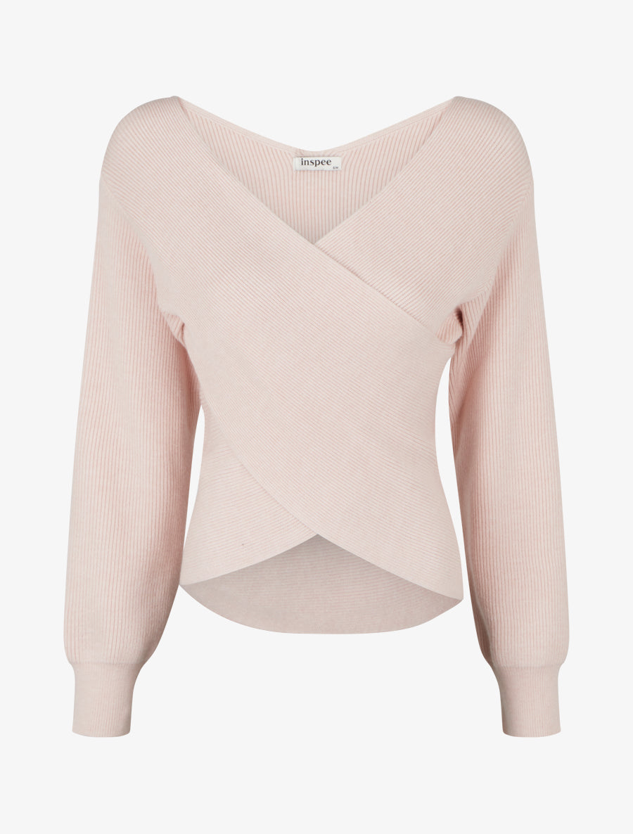 Pull uni côtelé à col cache-coeur - Rose