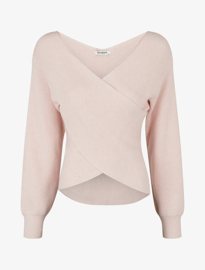 Pull uni côtelé à col cache-coeur - Rose