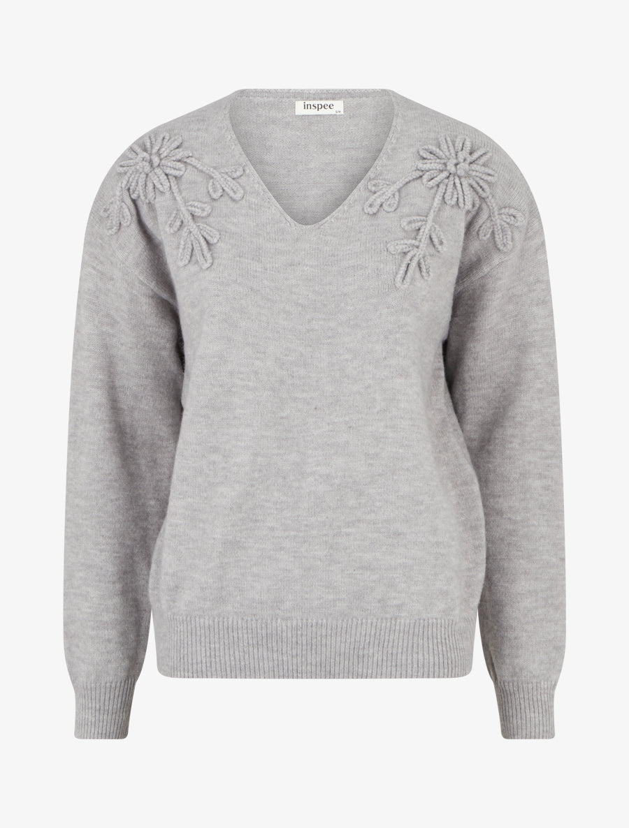 Pull droit à fleurs brodées - Gris clair - 1