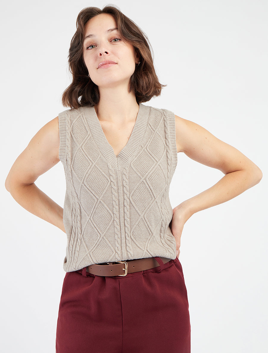 Pull sans manches droit à col V - Taupe clair