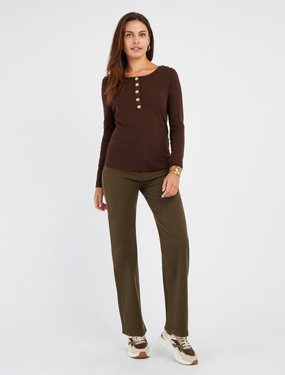 Pull fin à col rond et boutons décoratifs - Marron - 8