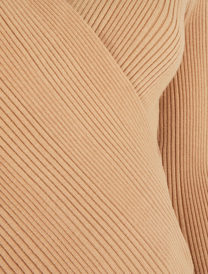 Pull côtelé à col cache-coeur - Camel clair - 3