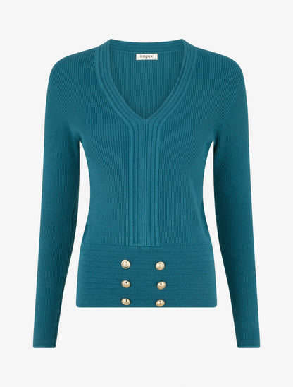 Pull à col V et boutons décoratifs - Bleu canard - 1