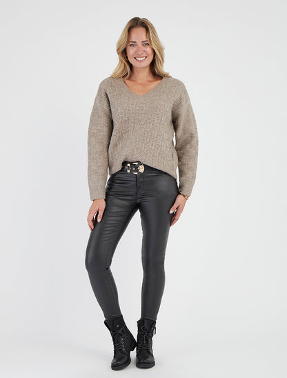 Pull droit irisé à col V - Taupe