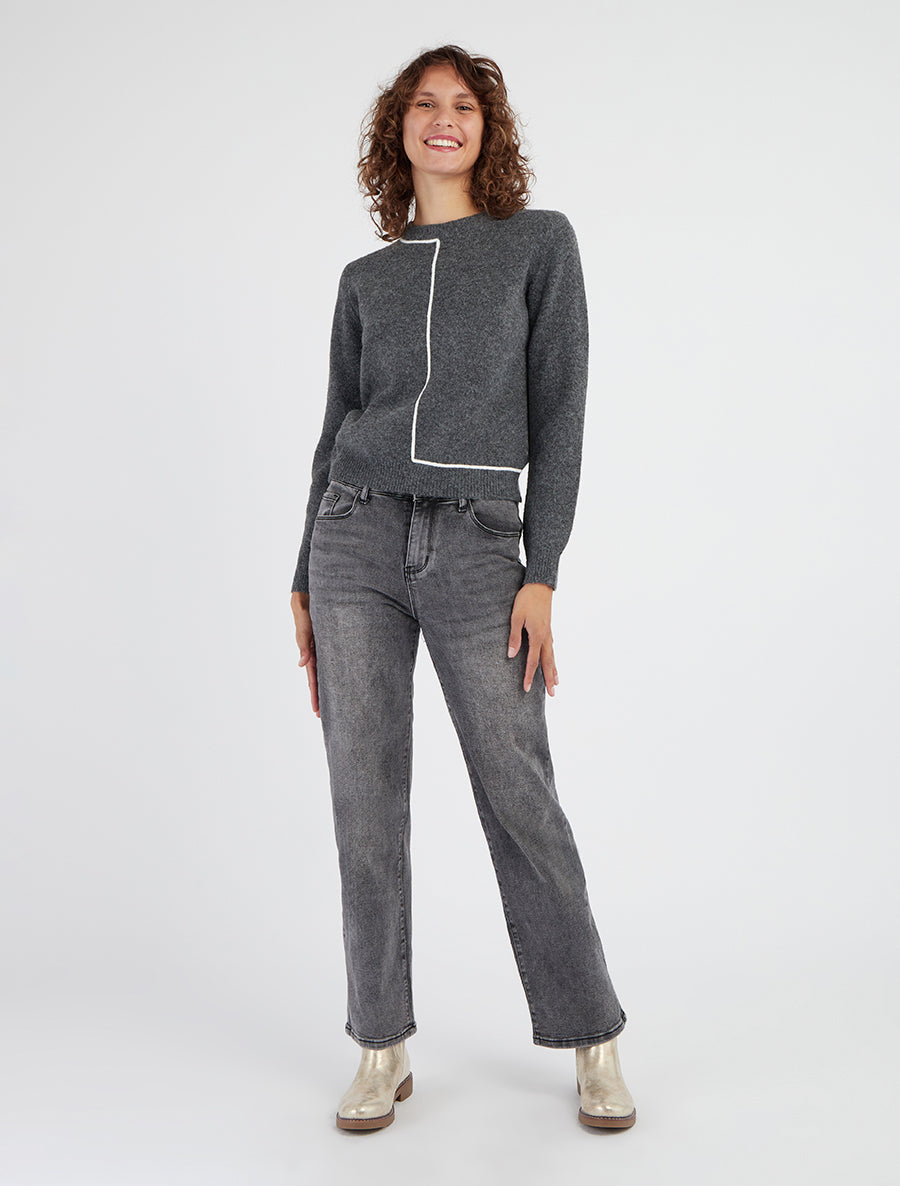 Pull droit à col rond et liseré contrastant - Gris