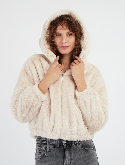 Blouson court en fourrure synthétique - Écru