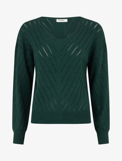 Pull uni ajouré à col V - Vert sapin - 1