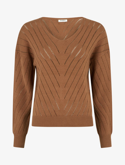 Pull uni ajouré à col V - Camel - 1