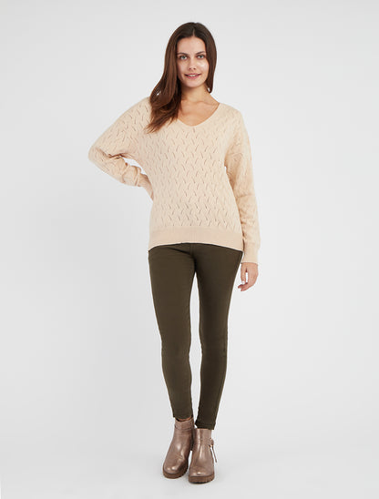 Pull uni à col V ajouré - Beige