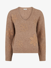 Pull duveteux à fleurs brodées - Camel - 1