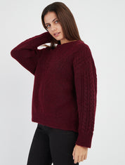 Pull droit à col rond en maille stylisée - Bordeaux