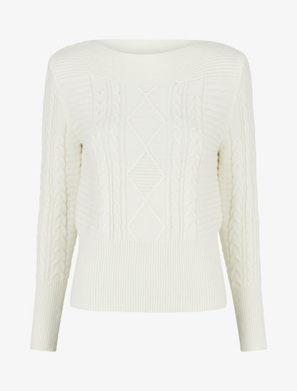 Pull droit à col bateau en maille fantaisie - Blanc - 1