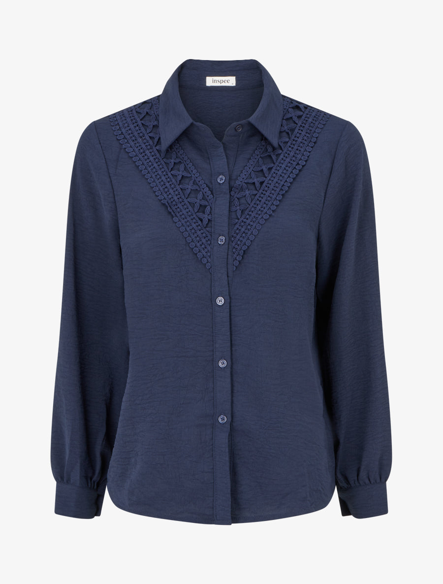 Chemisier unie à broderies - Marine - 1