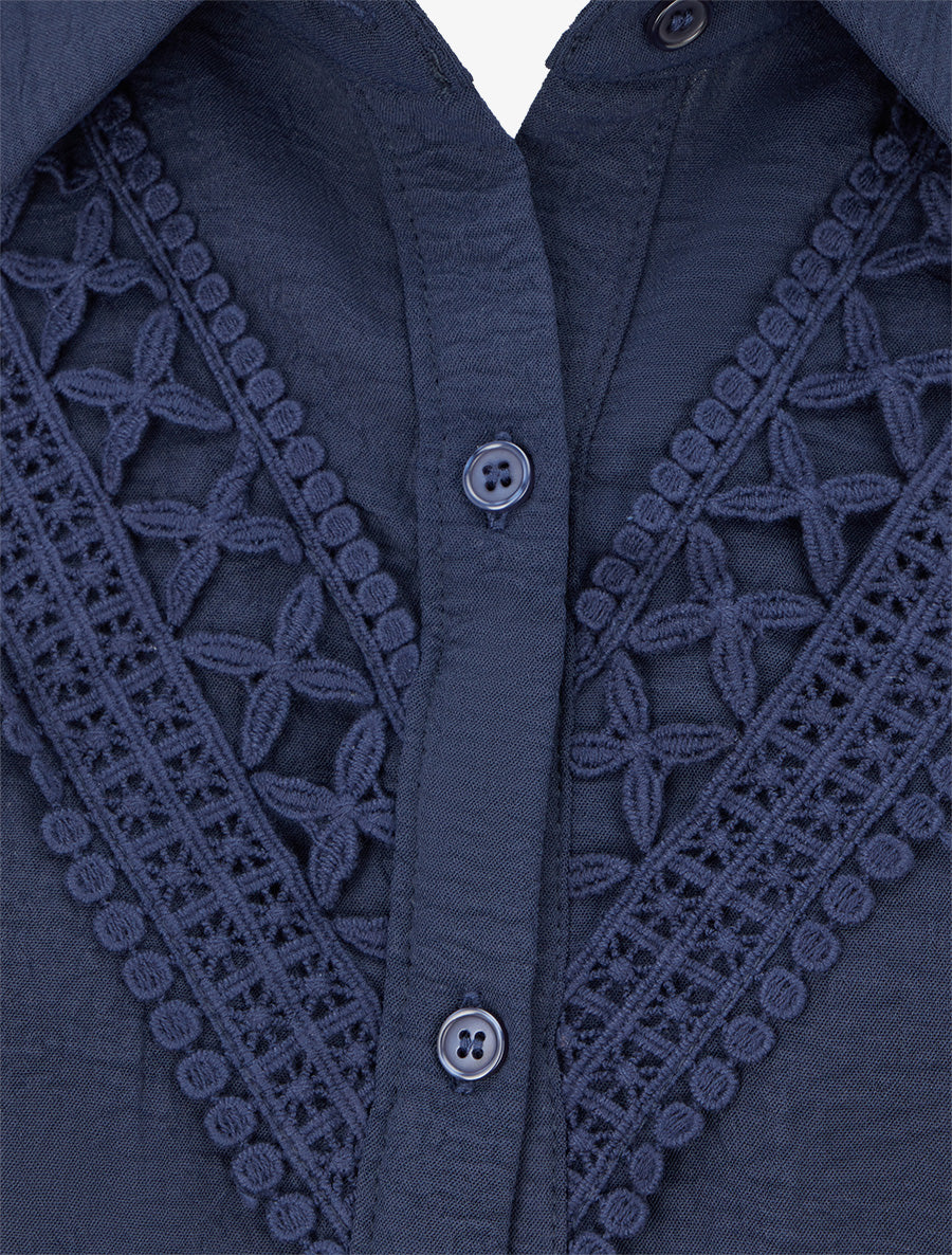 Chemisier unie à broderies - Marine - 3