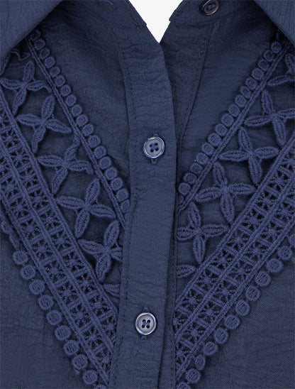 Chemisier unie à broderies - Marine - 3