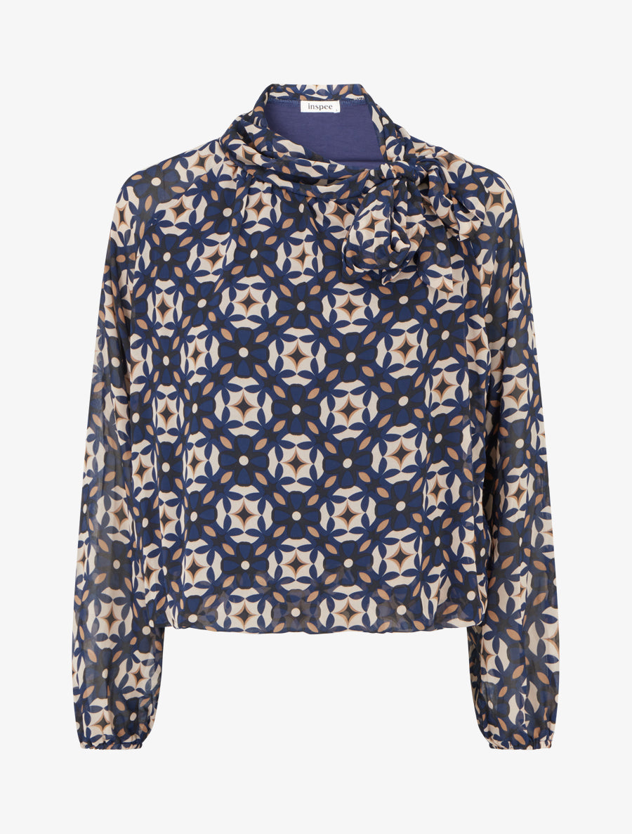 Blouse imprimé rétro à nouer - Marine - 1