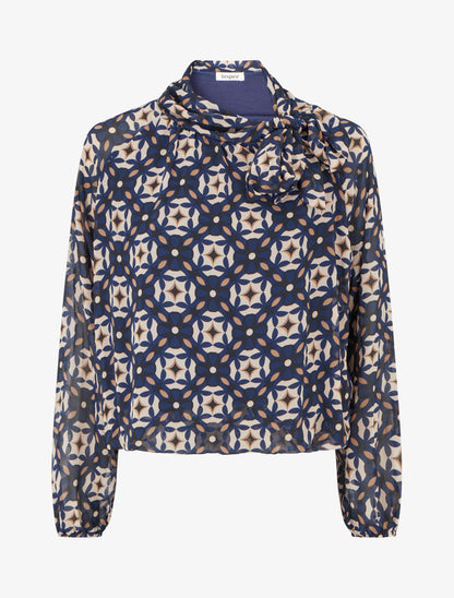 Blouse imprimé rétro à nouer - Marine - 1