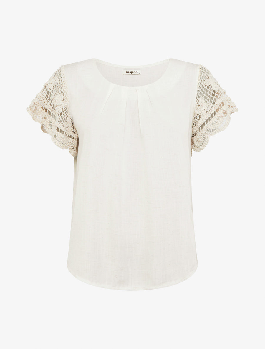 Top uni à manches courtes brodées - Crème - 1