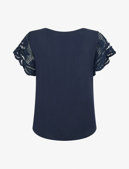 Top uni à manches courtes brodées - Marine - 2
