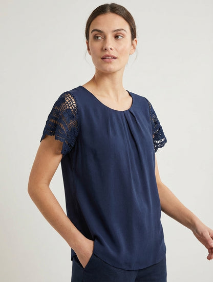 Top fluide à manches brodées - Marine