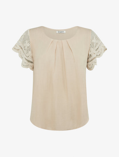 Top uni à manches courtes brodées - Beige - 1