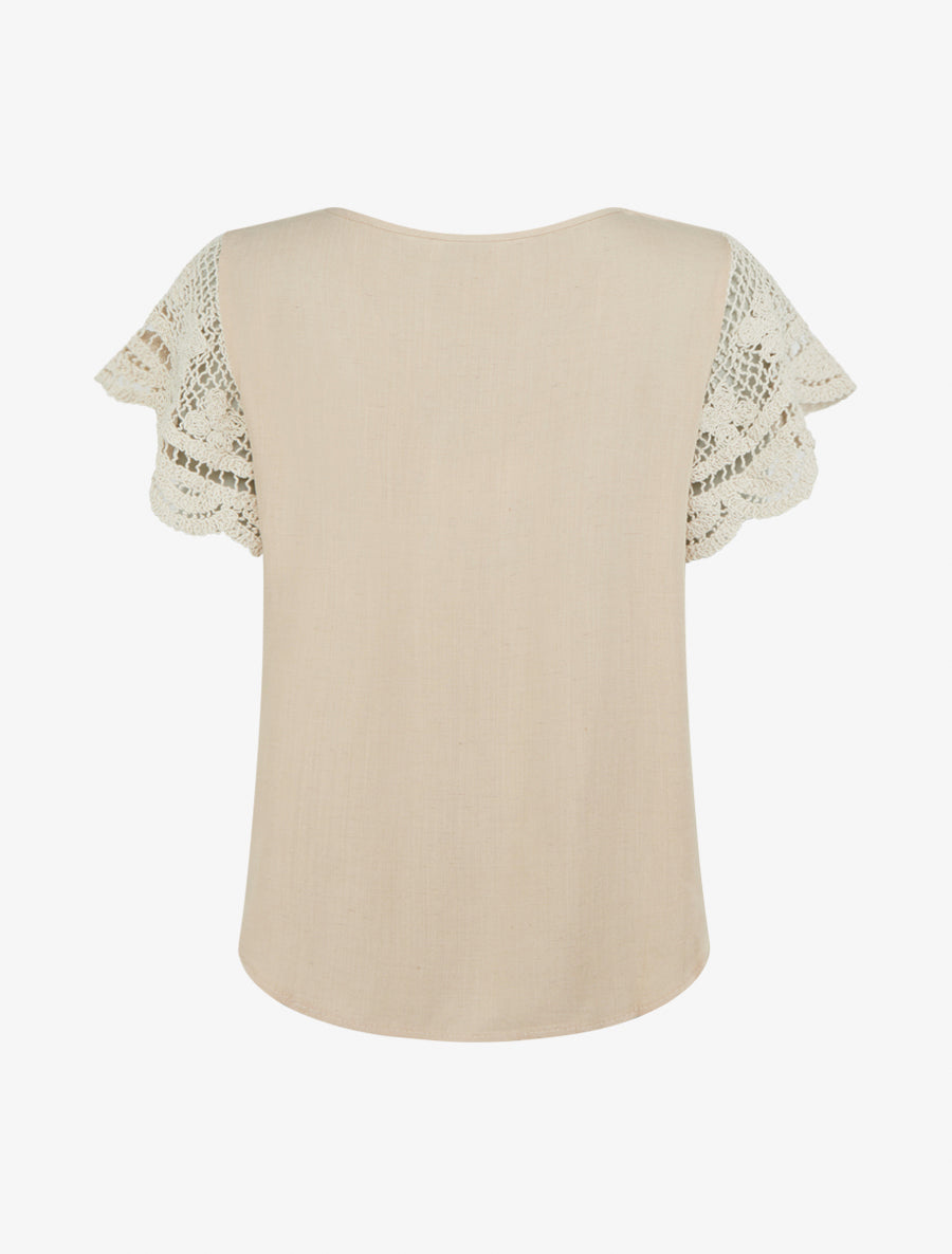 Top uni à manches courtes brodées - Beige - 2