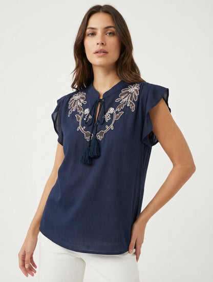 Top brodé à mancherons volantés - Marine