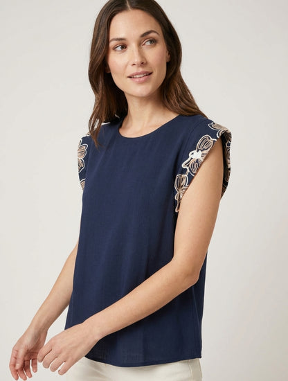 Top uni à mancherons brodés - Marine