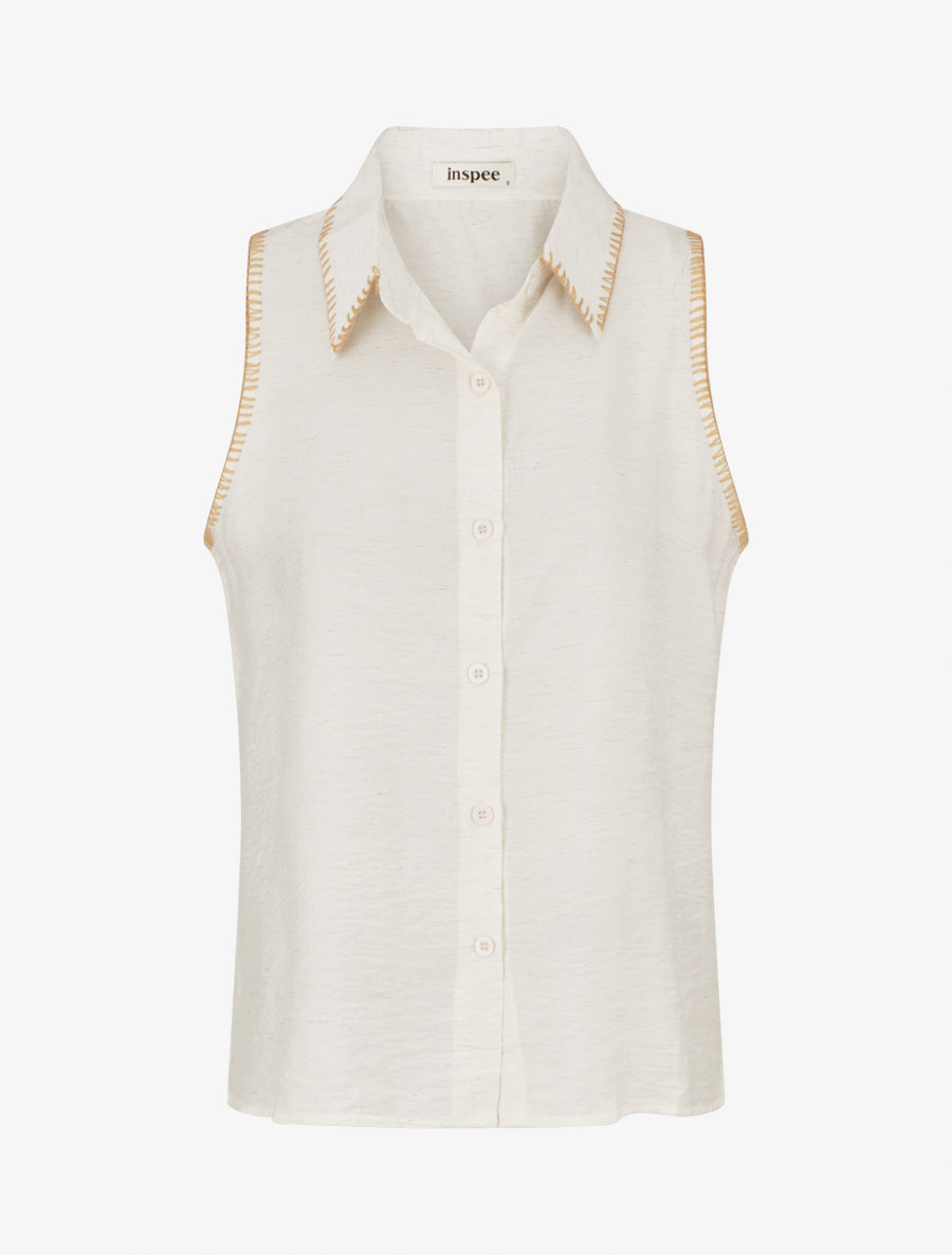 Chemisier uni sans manches boutonné - Crème - 1