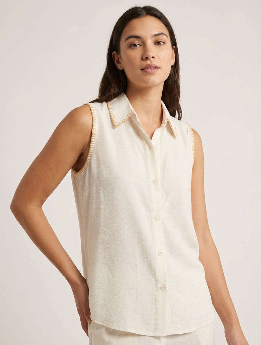 Chemisier uni sans manches boutonné - Crème