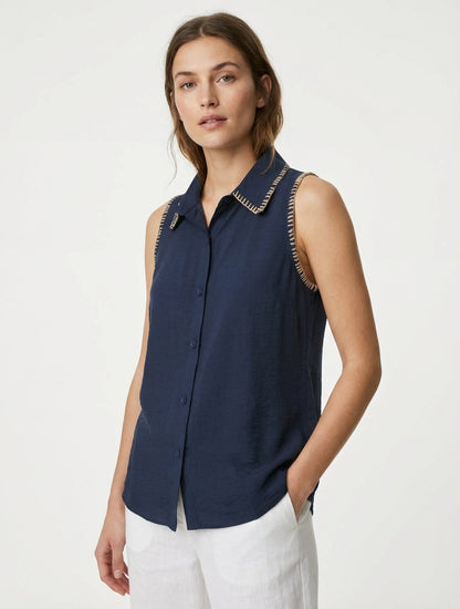 Chemisier uni sans manches boutonné - Marine