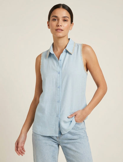 Chemisier uni sans manches boutonné - Bleu ciel